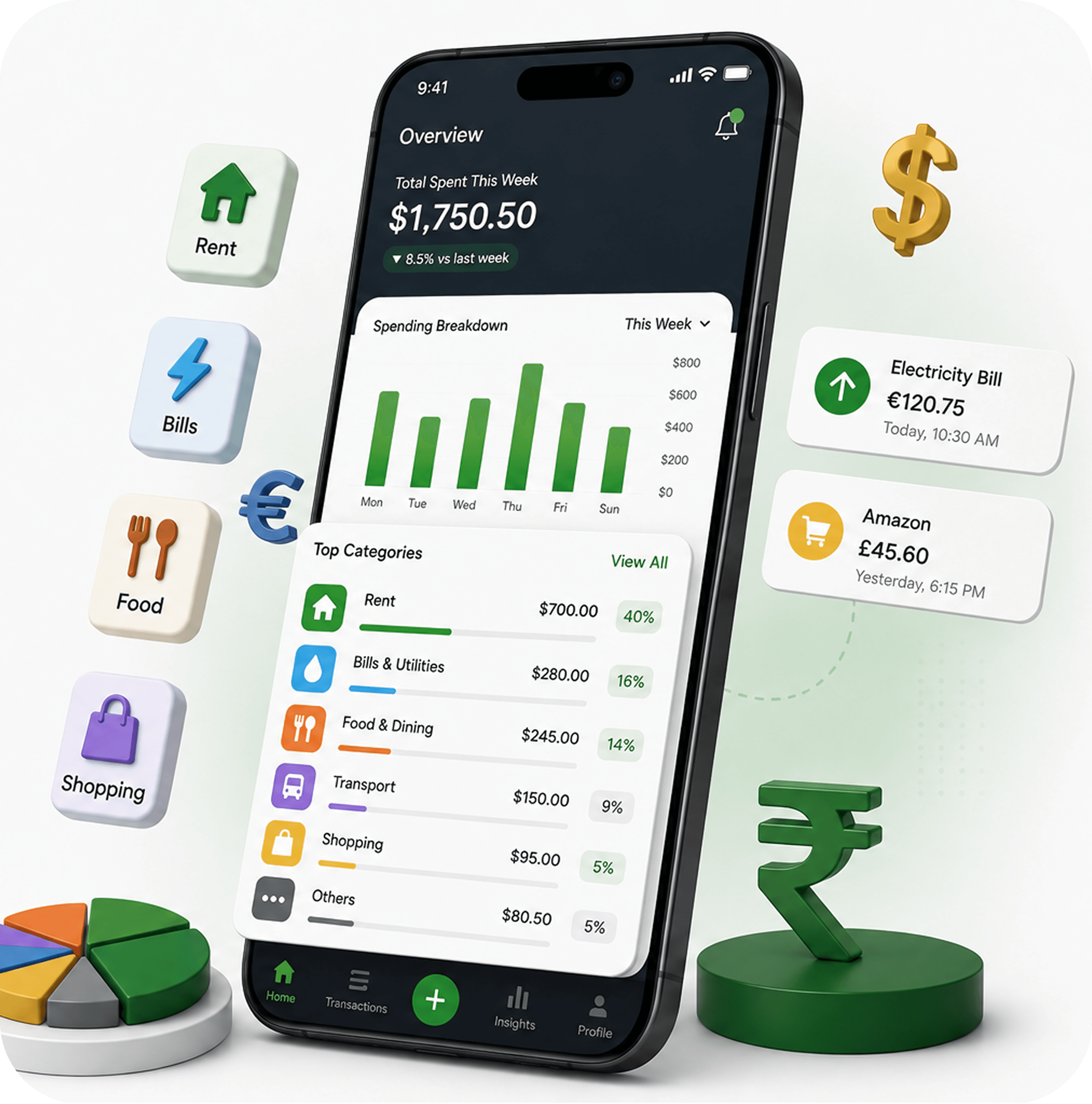 Spend tracking dashboard with categories for rent, bills, food and shopping