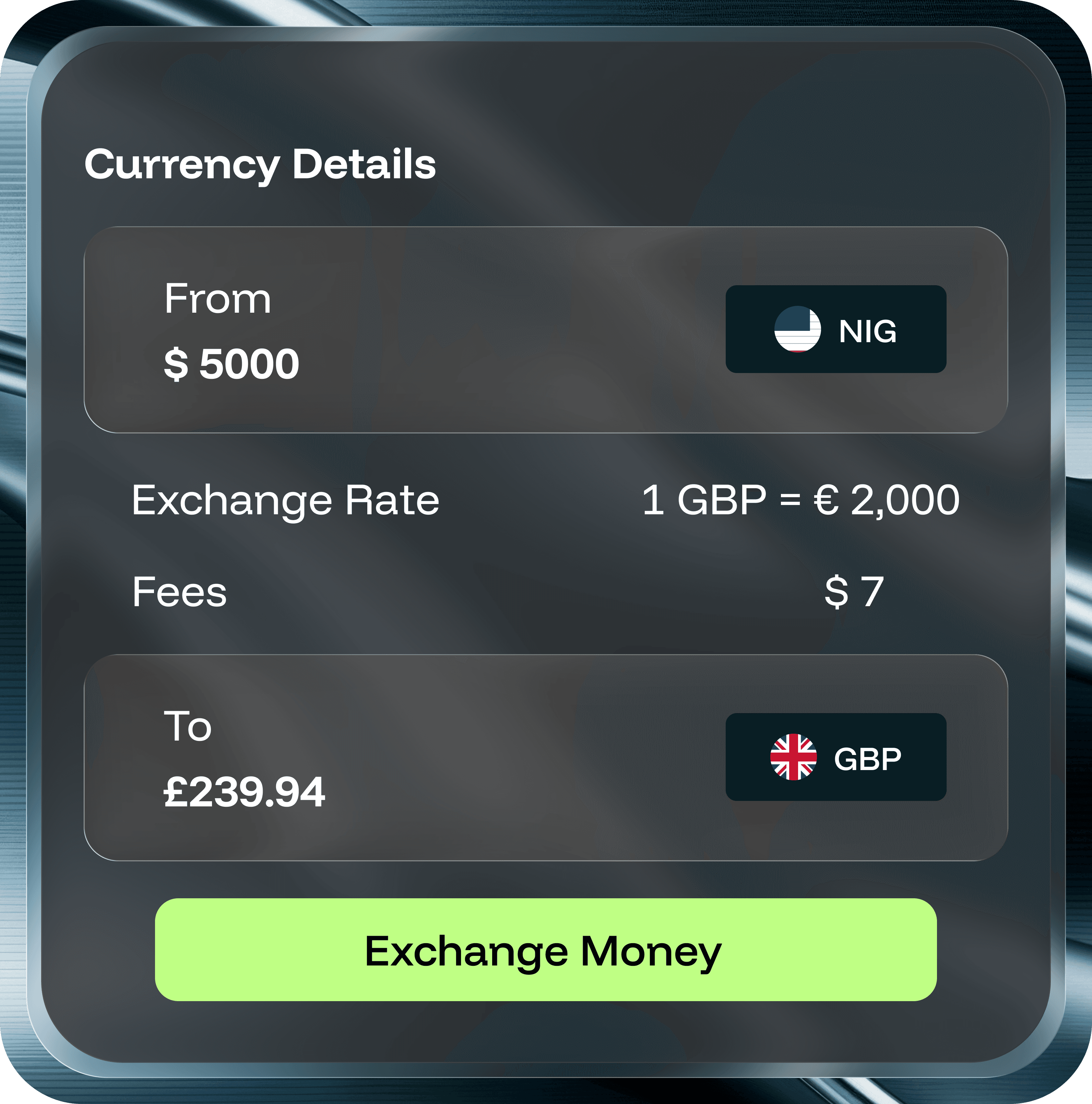 Currency exchange details showing a transfer from Naira to GBP